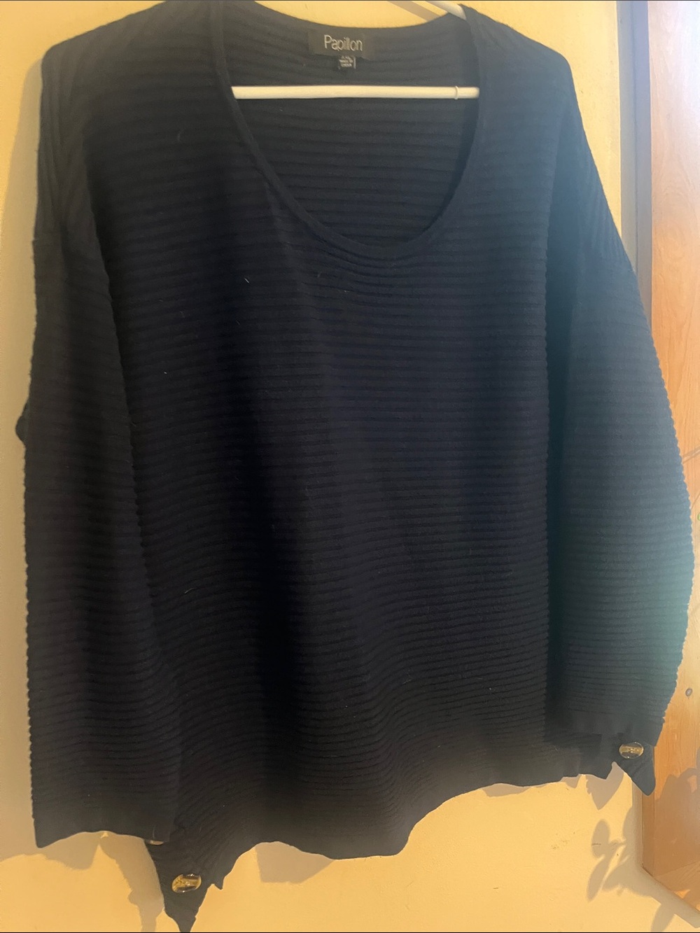 Papillon Blue Ribbed Scoop-Neck Pullover Sweater With Button Detailing at Sides